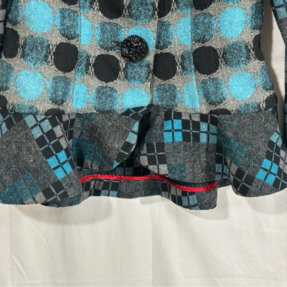 An Ren New York Wool Blend Jacket Medium Gray Blue Black Geometric Peplum Retro - Picture 3 of 8